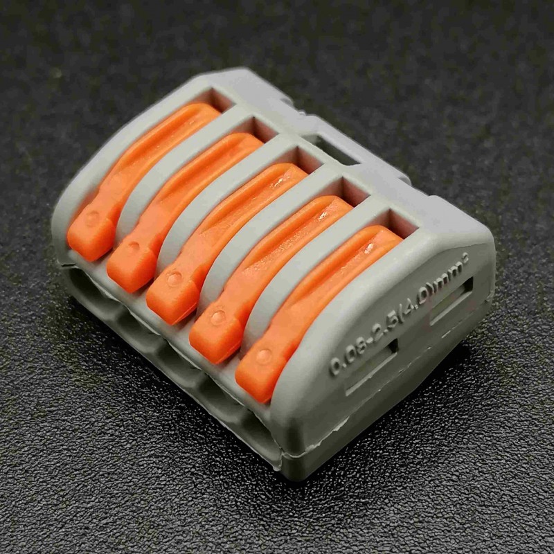 Morsetto connettore a leva 5 poli per fili cavi elettrici 0,08 a 2