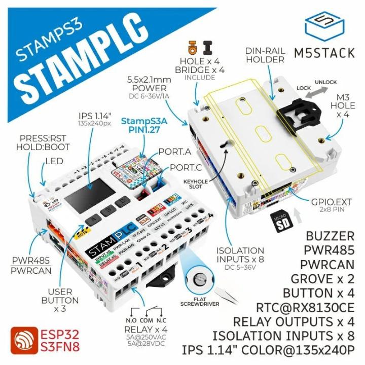 Controller PLC IoT StamPLC ESP32-S3, 8 ingressi optoisolati, 4 uscite a relè, CAN e RS485, LCD, guida DIN – M5Stack K141