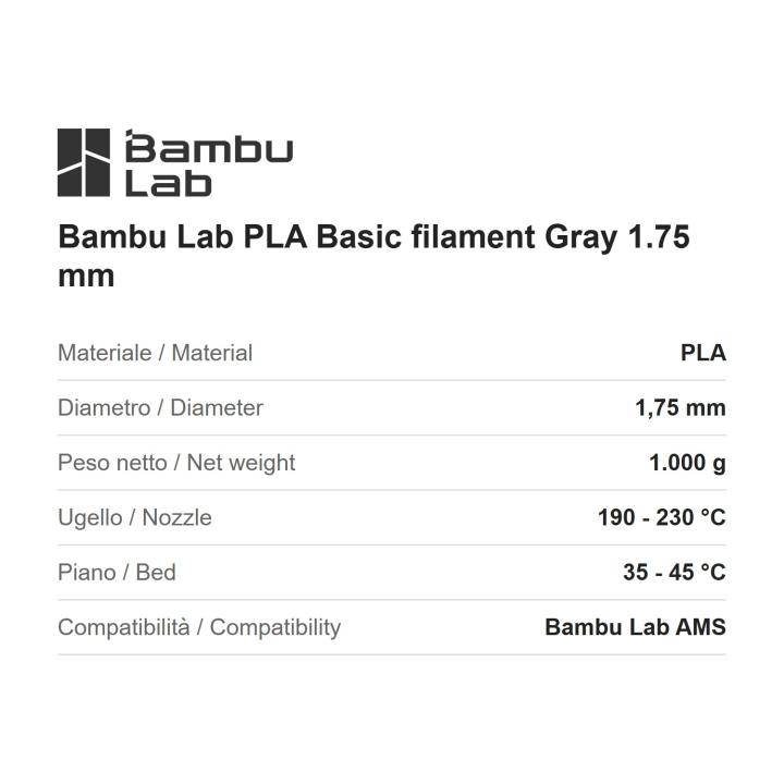 Filamento PLA Basic Bambu Lab grigio 1,75 mm, ricarica 1 kg senza bobina (refill)