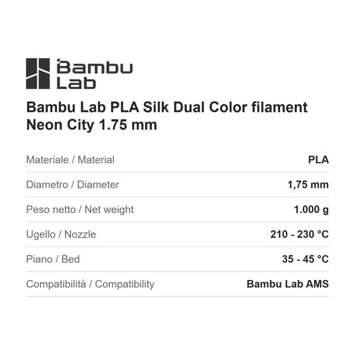 Bambu Lab PLA Silk Dual Color filament Neon City 1.75 mm, 1 kg spool