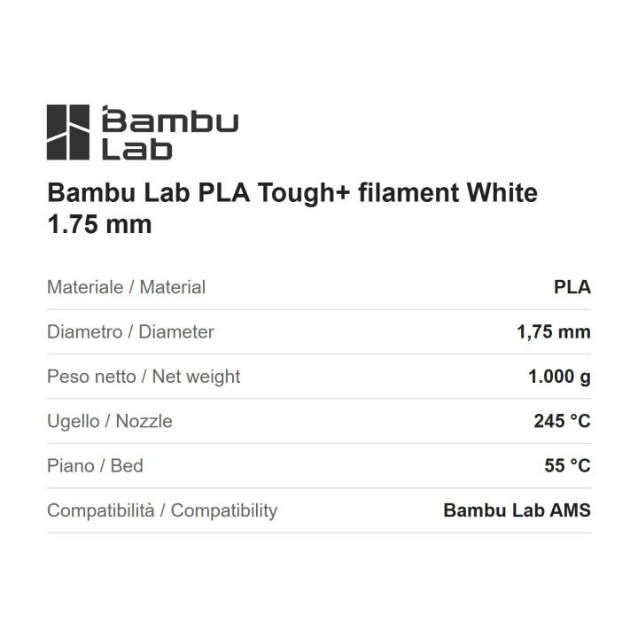Bambu Lab PLA Tough+ filament White 1.75 mm, 1 kg refill (no spool)