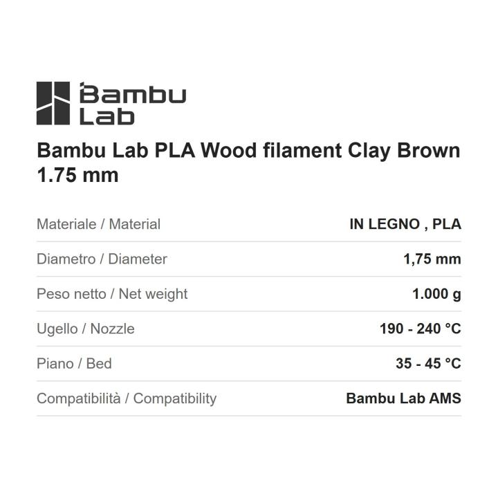 Bambu Lab PLA Wood filament Clay Brown 1.75 mm, 1 kg spool