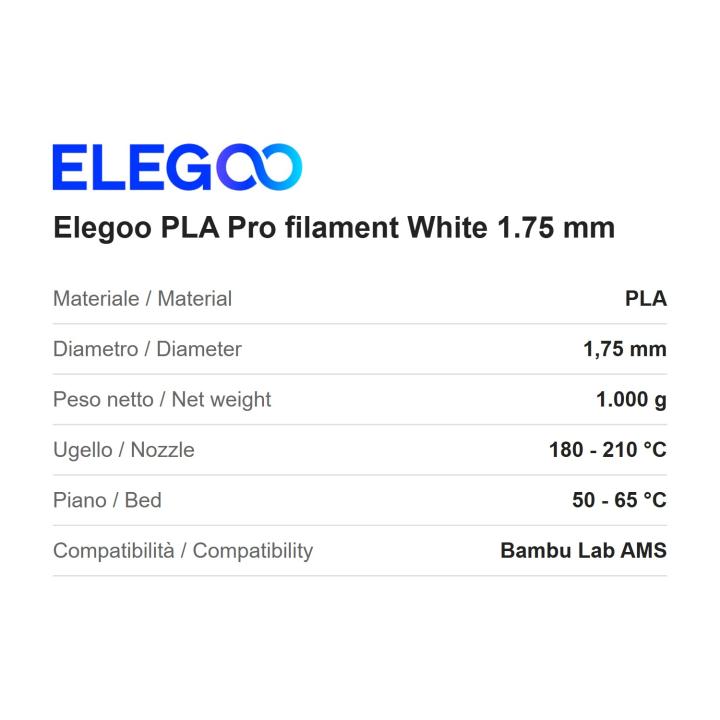 Elegoo PLA Pro filament White 1.75 mm, 1 kg spool