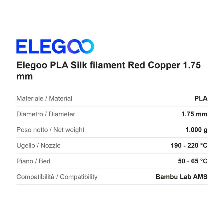 Elegoo PLA Silk filament Red Copper 1.75 mm, 1 kg spool