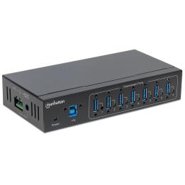 Industrial USB 3.2 hub 7 ports, metal housing, screw-lock connectors, DIN rail, Manhattan – 164405