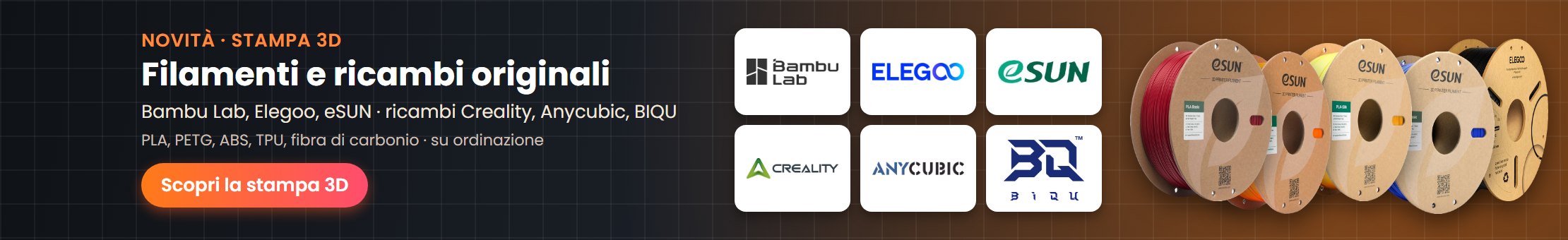 Filamenti Bambu Lab, Elegoo, eSUN e ricambi originali per stampanti 3D